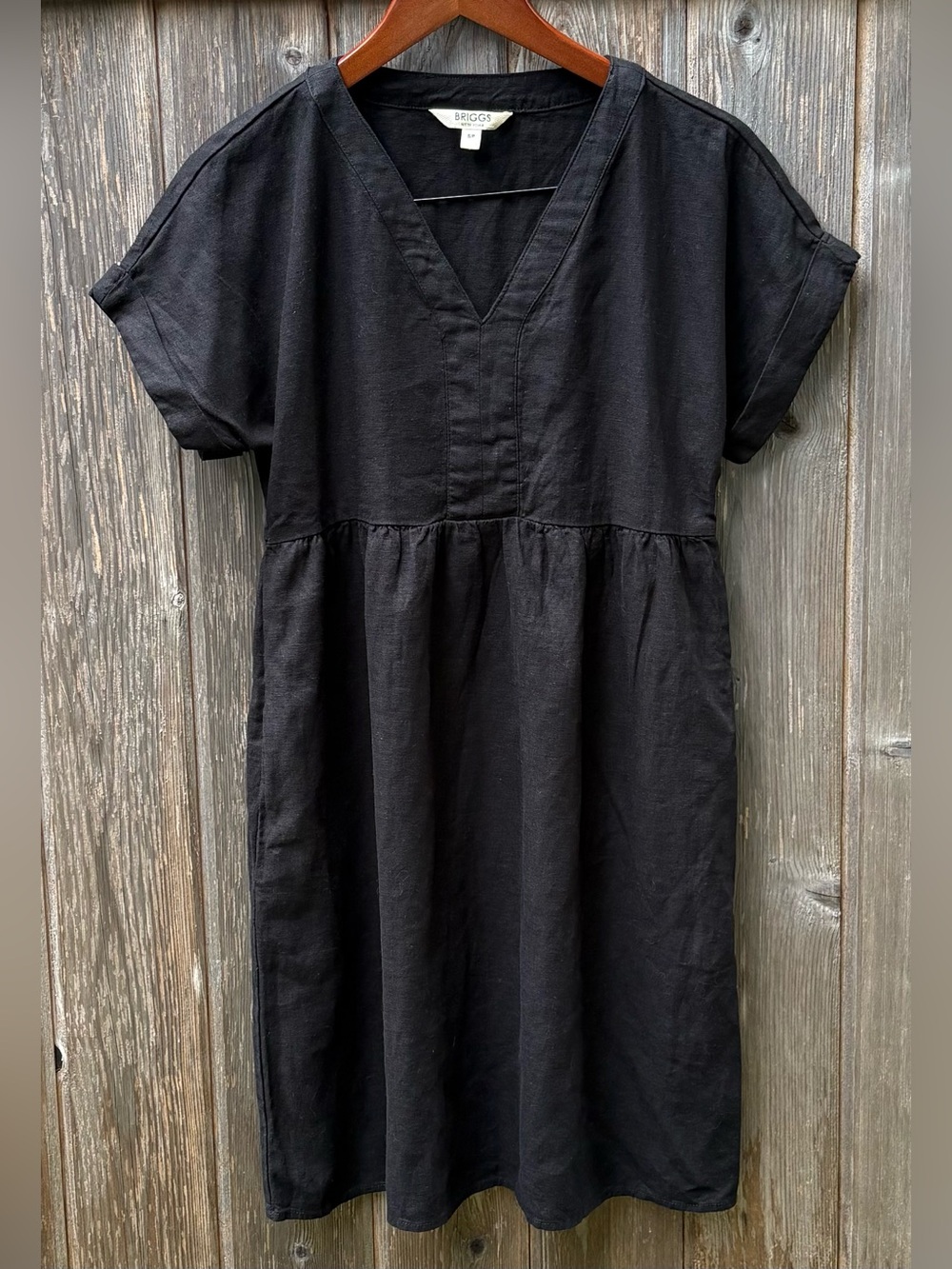 Briggs Women’s Black Short Rolled Sleeve V-Neck Linen Blend Summer Dress Size S